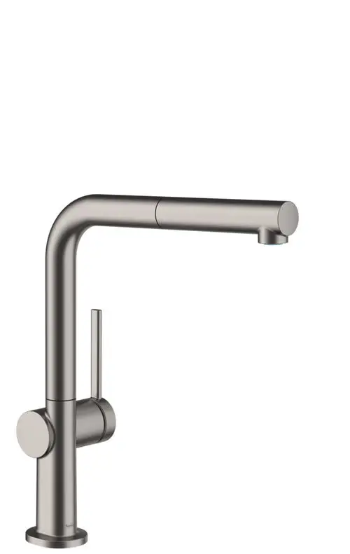 Küchenmischer von Hansgrohe mit ausziehbarem Auslauf, einhebeliger Bedienung und brushed black chrome Oberflächenfinish.